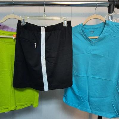 (4) Short Sleeve Shirts & Black Skort By Dockers, Lucy, Danskin, Adidas, Sizes Small - Medium, 