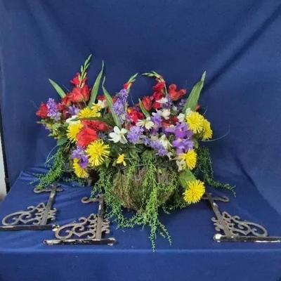 Decorative Arrangements of Artificial Flowers In Metal Hanging Baskets with Metal Brackets Set of 3