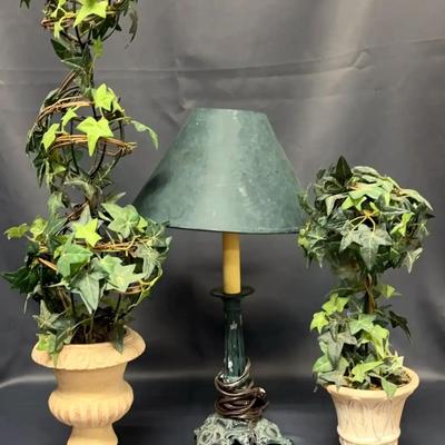 Green Lamp And Faux Plant Decor 