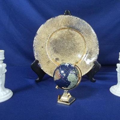 Vintage Pair of Bisque Deco Style Angel Candlesticks Gold Tone Charger & Table Top Blue Lapis Globe