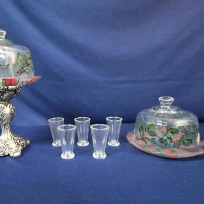 Golden Hill Studio Handpainted Glass Cake Stands W Dome Christmas Holly Berry Design 