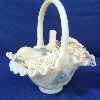 Vintage Handpainted Fenton Blue Satin Custard Basket with Bird Figurine 