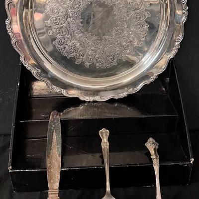 Wm. A. Rogers Silverplate Serving Tray & Mixed Silverplate Serving Utensils