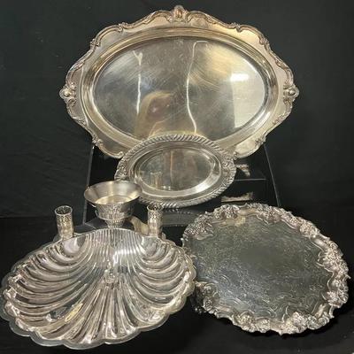 Assortment of Silver-Plated Serving Platters & Trays