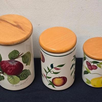 Vintage PORTMEIRION Hand-Painted Ceramic Canisters w/ Wooden Lids
