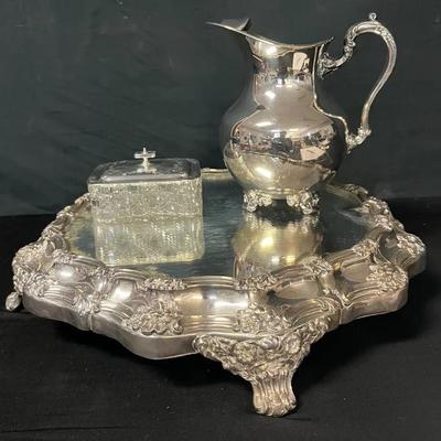 Silver Plated Mirrored Serving Tray with Water Pitcher & Glass Trinket Box
