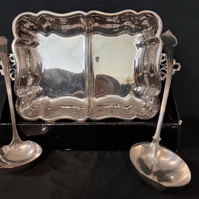 Silver-Plated Two-Sided Serving Tray with (2) Matching Serving Spoons