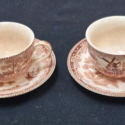 Vintage Japan Teacups & Saucers – Brown Transferware Windmill & Sailing Boat Pattern