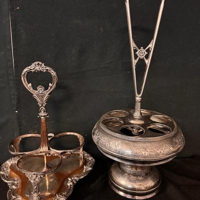 Vintage Silver-Plated Rotating 5-Condiment Cruet Set with Carrier