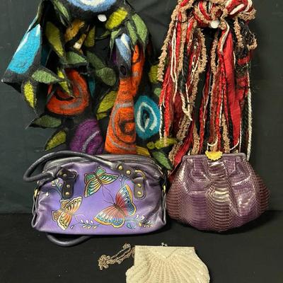 Mixed Scarves & Handbags Lot – Beaded Clamshell, Hand-Painted Butterfly, Purple Clutch (5 items)
