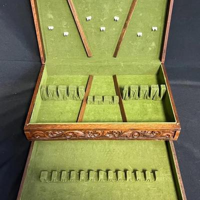 Carved Wooden Sterling Silver Chest with Green Felt Interior