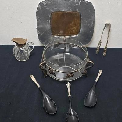 Mixed Tabletop Serving Pieces with Grape Motif Glass Bowl & Accessories