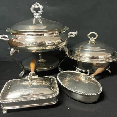 Vintage Silver-Plated Chafing Dish, Covered Serving Dish & Silent Butler Set