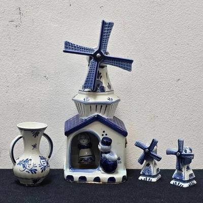 Vintage Delft Blue Ceramic Collectibles – Windmill Music Box, Salt & Pepper Shakers & Mini Vase