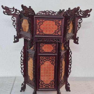Vintage Intricately Hand Carved Bamboo & Teak Temple Lantern - 29" Diameter x 29" Tall