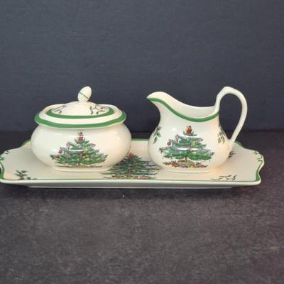 Spode "Christmas Tree" Covered Sugar Bowl & Creamer on 13" Sandwich Tray