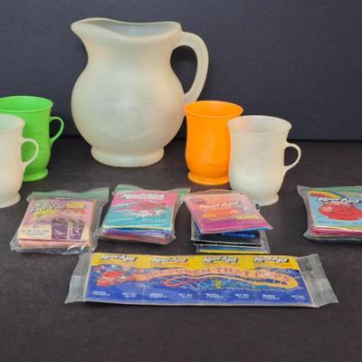 Vintage 1980s Kool-Aid Pitcher & 4 Cup Set with Tons of Kool-Aid
