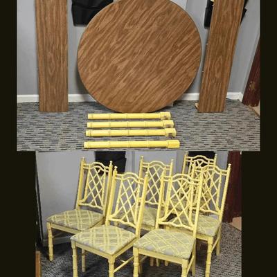 LIBERTY Round Laminate Table Top W/2 Leaves & 6 Yellow Faux Bamboo Back Upholstered Chairs 