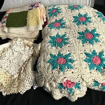 Vintage Hand-Crocheted Afghan Blankets & Assorted Doilies 
