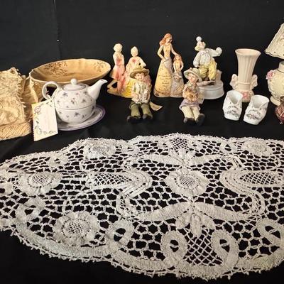 Vintage Various Porcelain Figurines, Lace Textiles And Small Lamp