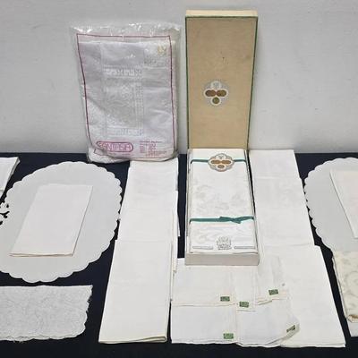 Vintage Boxed IRELAND LINEN DAMASK, FANTASIA Embroidery Tablecloth, Linen Napkins(11) & Placemats +
