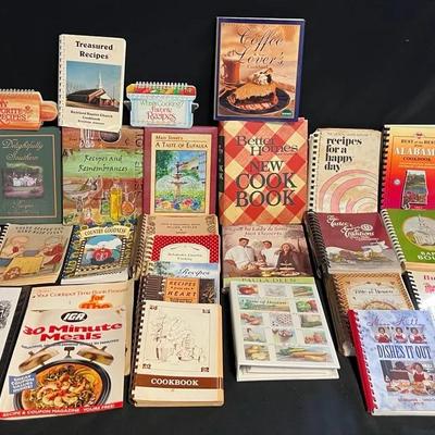 Collection Of Vintage, New, And Local Wiregrass Cookbooks & Green Metal CookBook Stand