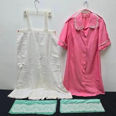 Vintage 1923-24 Handmade Slip With Tatting, Pink House Coat W/Embroidery At Collar & Sleeves, More
