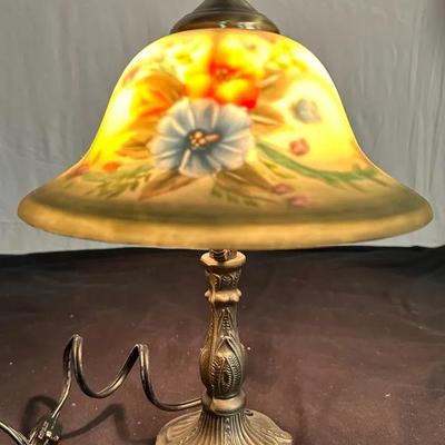 Vintage Floral Reverse Painted Lamp W/ Frosted Glass 