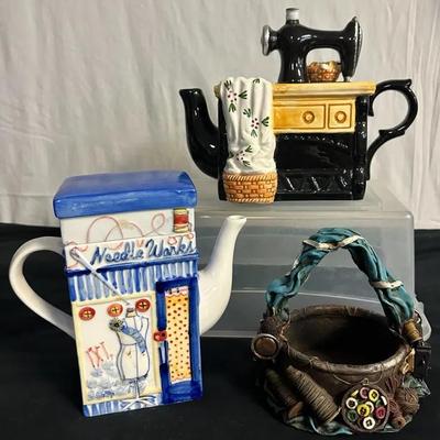 Sewing Themed Novelty Teapots And Basket 