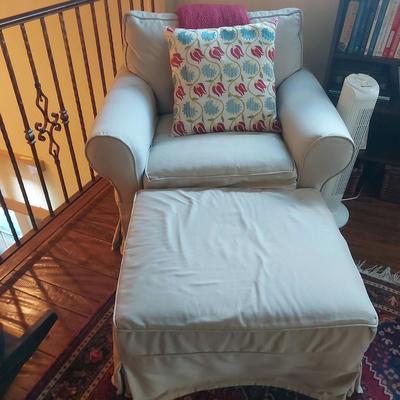 GORGEOUS POTTERY BARN FABRIC CHAIR WITH OTTOMAN 