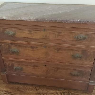 MARBLE TOP SOLID WOOD CHEST OF DRAWERS