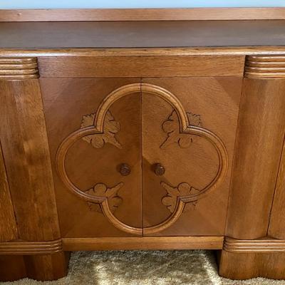 Wooden Buffet Cabinet with Carved Doors and Metal Pulls
