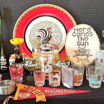 Vintage Barware & Décor, Featuring Decanters, Graphic Glassware & 1948 Niagara Falls Pennant