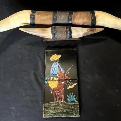 Mounted Bull Horn with Decorative Tile Accent