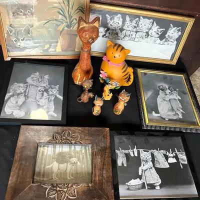 Cat-Themed Framed Artwork & Figurines Collection