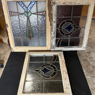 Vintage Stained Glass Window Panels in Original Wood Frames