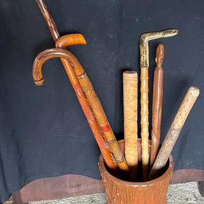 Carved Canes & Walking Sticks with Wooden Stand