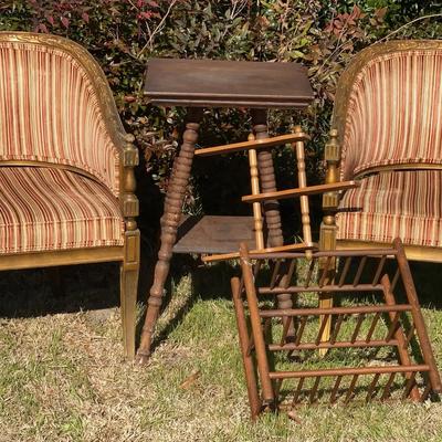 Vintage Upholstered Accent Chairs with Wooden Side Tables and Shoe Rack