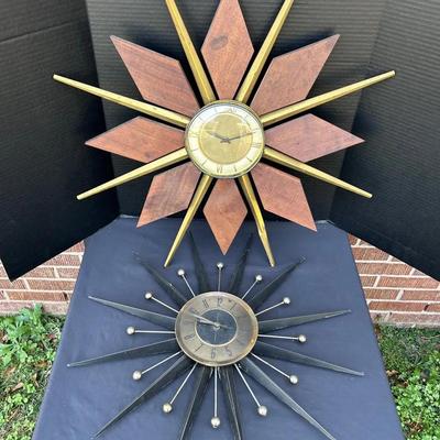Mid-Century Sunburst Wall Clocks with Wood & Metal Accents
