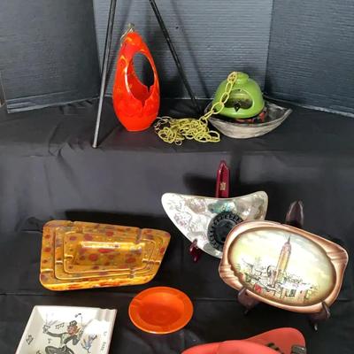 Vintage Ceramic Ashtray Collection with Metal Floor Stand and Hanging Ashtrays