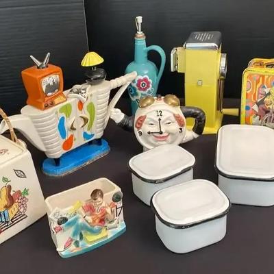 Vintage Collectibles with Porcelain Figures, Enamel Keepers, Ice Grinder & Lunch Box