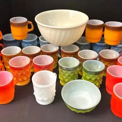 Colorful Fire-King Mugs by Anchor Hocking with Bowl