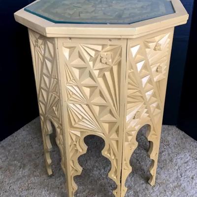 Hand-Carved Wooden Accent Table with Glass Top