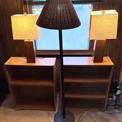 Pair of Wood Shelves with Lamps