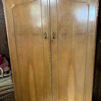Vintage Art Deco Light Walnut Wardrobe Cabinet