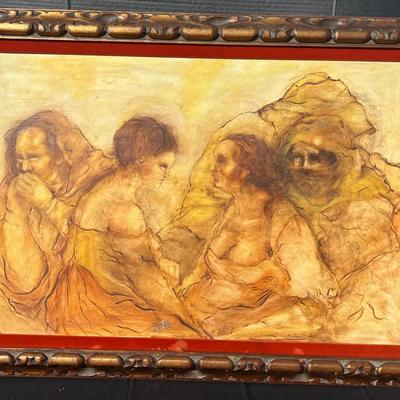 Classical-Style Figural Artwork with Four Seated Figures in Ornate Frame