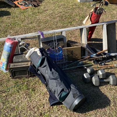 Outdoor Sporting Equipment & Tools Collection Featuring Golf Clubs, Fishing Rods & Ladder