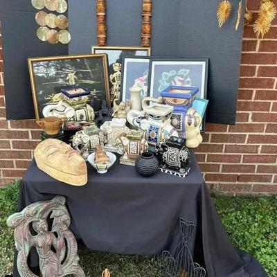 Asian-Inspired Decorative Collection with Ceramic Elephants, Wall Art & Carved Accents