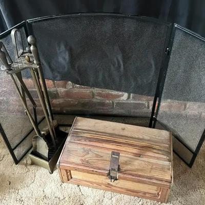 Metal Fireplace Screen With Tool Set and Wooden Storage Crate