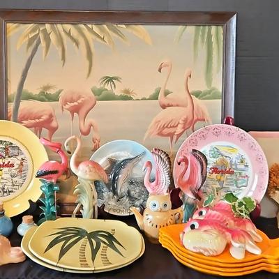 Florida & Flamingo Décor Collection, Featuring Framed Flamingo Art & Vintage Fish Plates